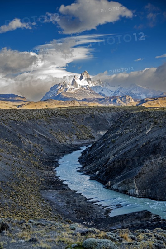 Argentina, Santa Cruz, El Chalten, Mount Fitz Roy massif and Las Vueltas River in morning light, El Chalten, Santa Cruz, Argentina