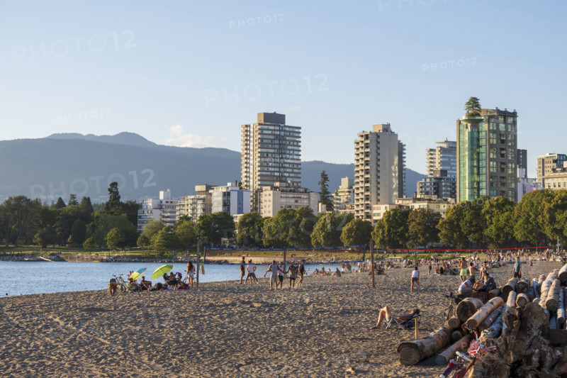 People on beach with high rise apartment buildings in background
Vancouver, British Columbia, Canada