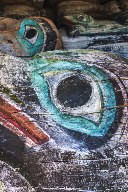 Close-up of weathered totem poles
Sitka, Alaska, USA