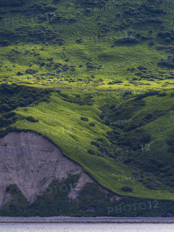 Cliff and green hill seen across water
Kodiak Island, Alaska, USA