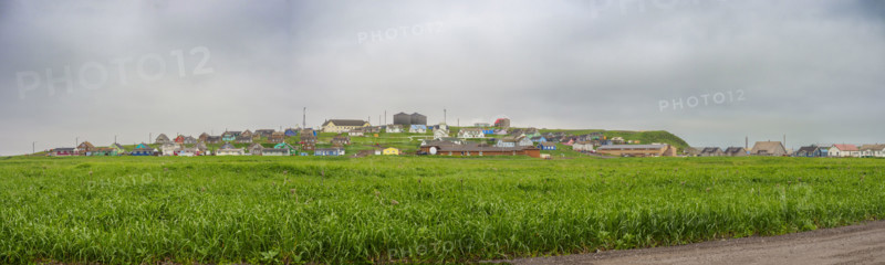Panoramic view of village with grassy field in foreground
St Paul, Alaska, USA