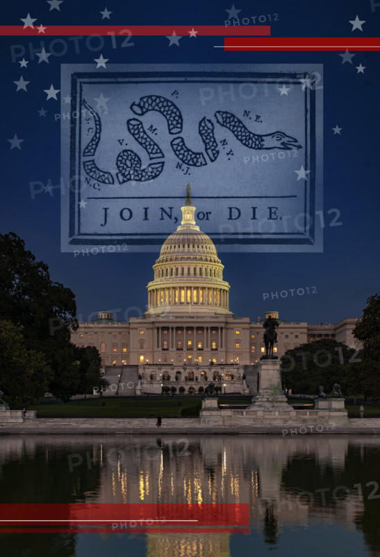 USA, DC., Washington, "Join or Die" newspaper on night sky above the Congress building
