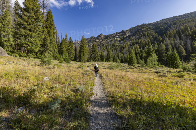 USA, Idaho, Sun Valley, Rear view of woman walking on footpath in landscape