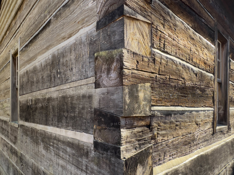 Close-up of dovetail joint on log cabin