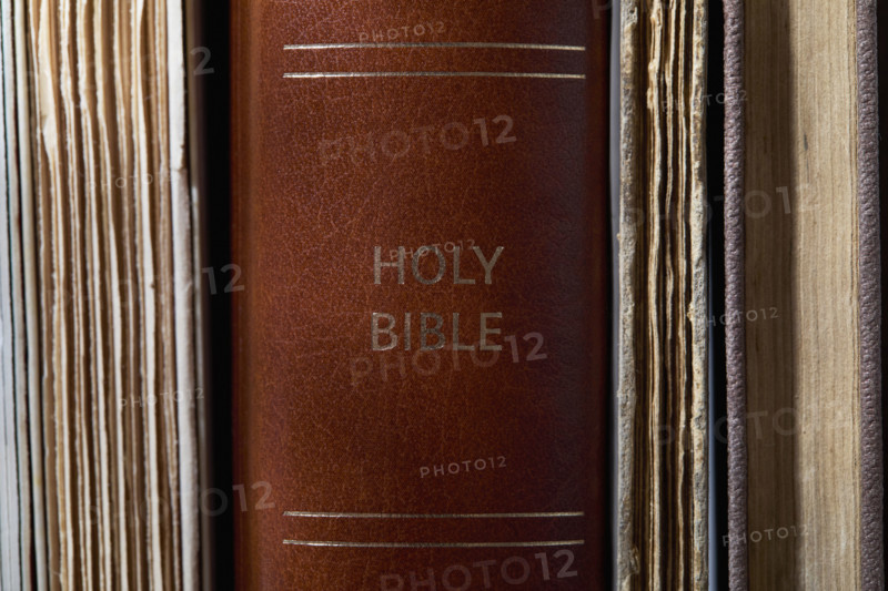 Close-up of Bible on bookshelf