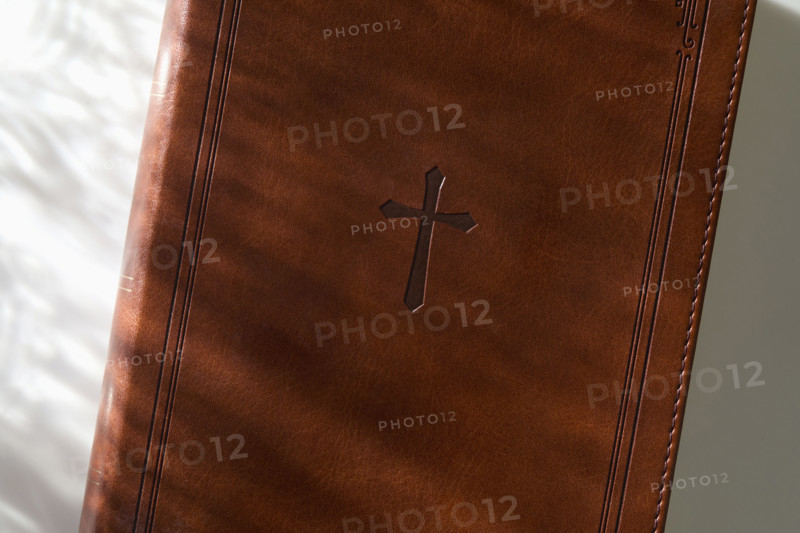 Closed Bible in sunlight on white background