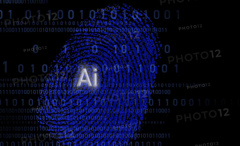 Blue fingerprint with the AI symbol and binary code over