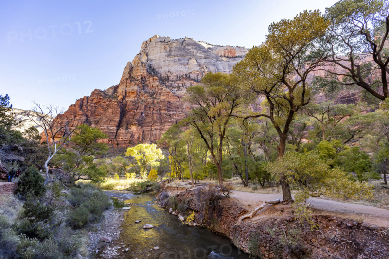 USA, Utah, Zion National Park, Virgin River and rock formations on sunny day