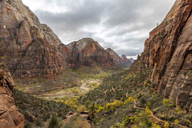 USA, Utah, Zion National Park, Cliffs at Zion Canyon on cloudy day