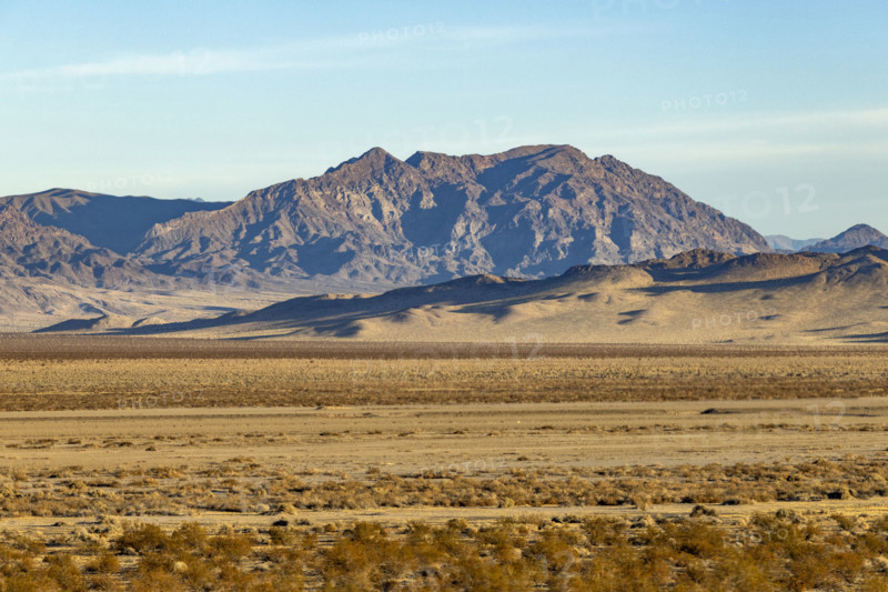 USA, California, Baker, Desert landscape with rocky mountain