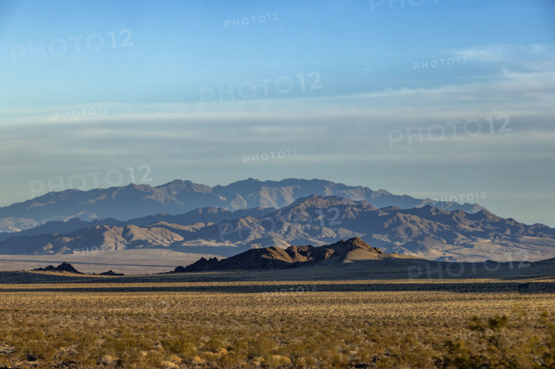USA, California, Baker, Desert landscape with rocky mountain