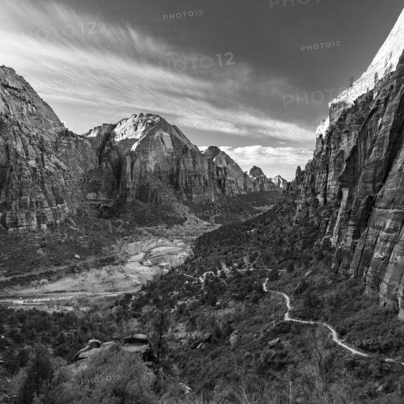 USA, Utah, Zion National Park, Hiking path to Angels Landing, black and white