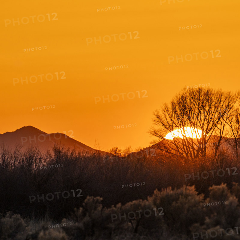 Sun setting above hills against orange sky. Bellevue, Idaho, USA.