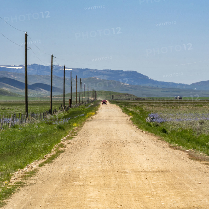 Empty dirt road crossing Camas Prairie. Fairfield, Idaho, USA.