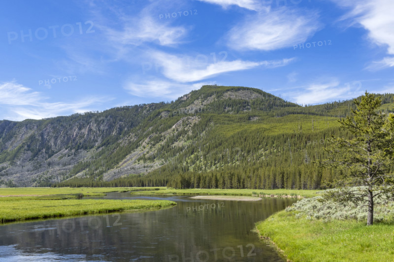 Madison River and mountains on sunny day. , Wyoming, USA.
