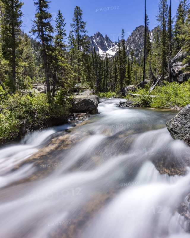 Redfish Creek on sunny day, blurred motion. Stanley, Idaho, USA.