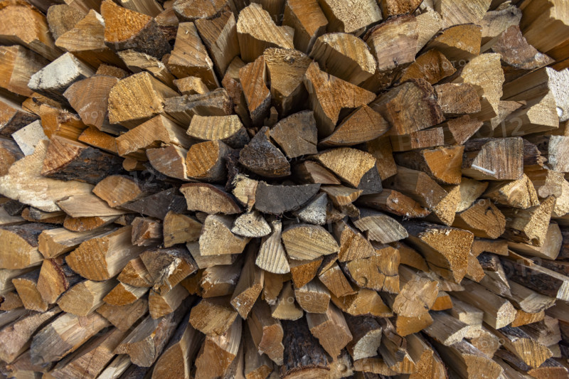 Close-up of firewood stacked for winter. Bellevue, Idaho, USA.