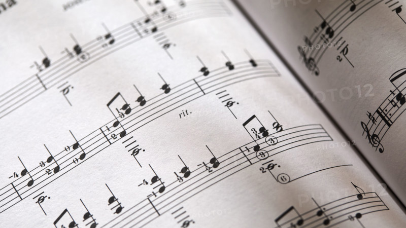 Closeup-of sheet music in dappled light. New York City, New York State, USA.
