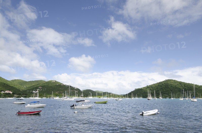 Boats anchored on calm Coral Bay, St. John, United States Virgin Islands, USA.