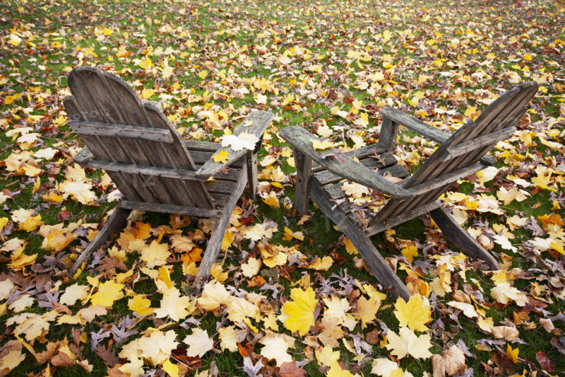 Two old Adirondack Chairs in Autumn, Chatham, New Jersey, USA.