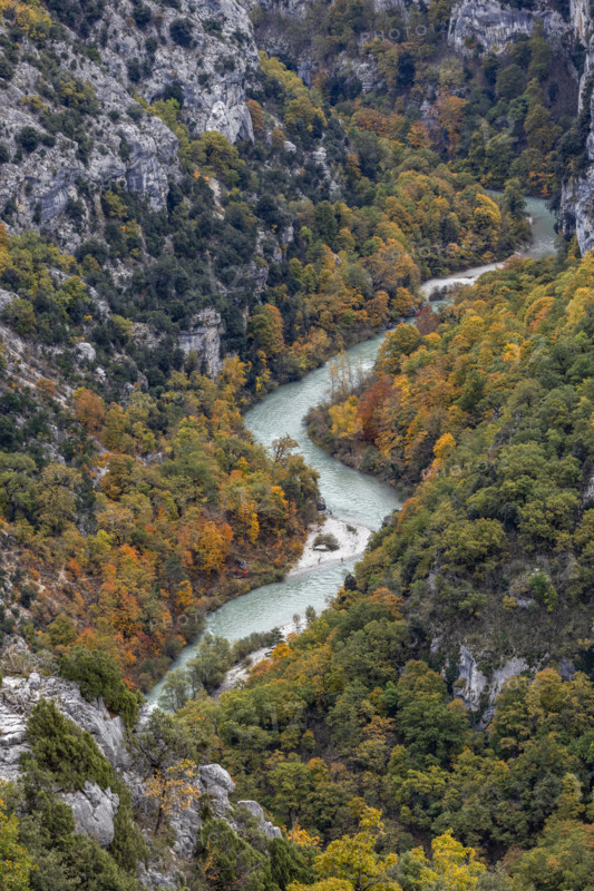 High angle view of Verdon River crossing Verdon Gorge , Gorges du Verdon, Provence, France.