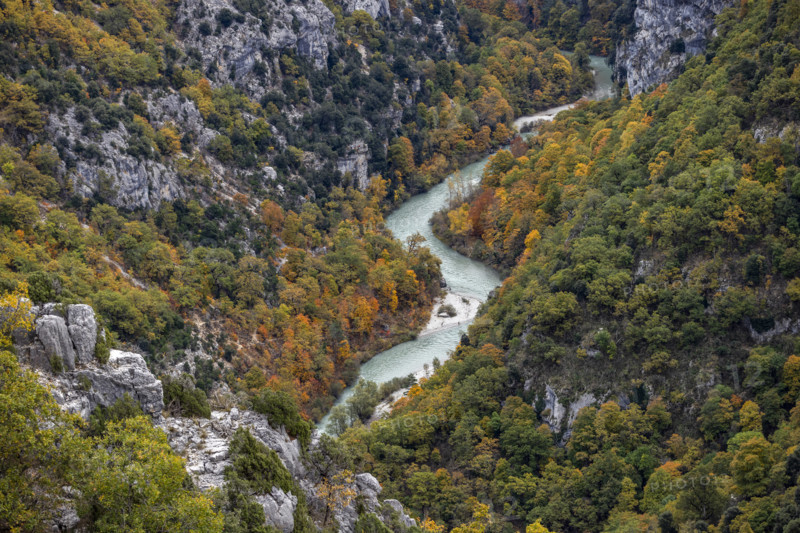 High angle view of Verdon River crossing Verdon Gorge, Gorges du Verdon, Provence, France.