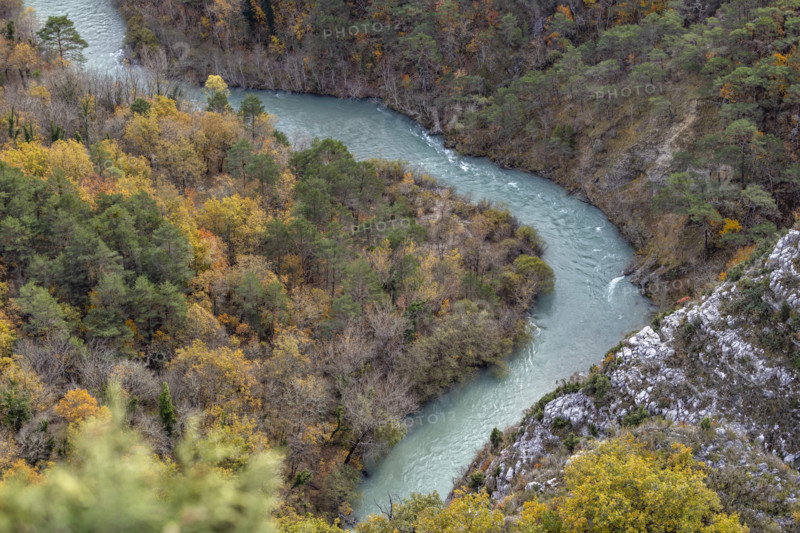 Verdon River crossing Verdon Gorge in Autumn, Gorges du Verdon, Provence, France.