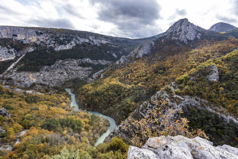 View of Verdon Gorge with Verdon River in distance, Gorges du Verdon, Provence, France.