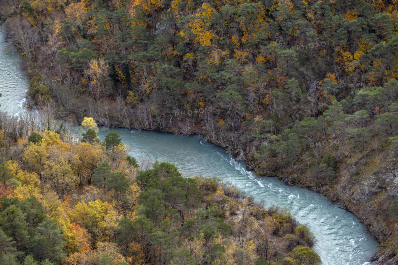 Verdon River crossing Verdon Gorge in Autumn, Gorges du Verdon, Provence, France.