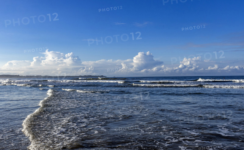 Puffy clouds above calm sea at dawn, Playa Grande, Guanacaste, Costa Rica.