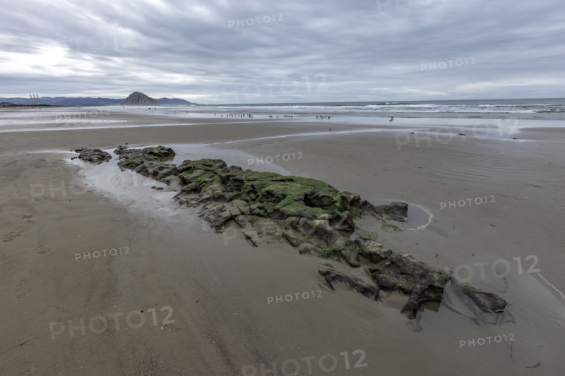 Storm clouds above beach with Morro Rock in distance, Morro Bay, California, USA.