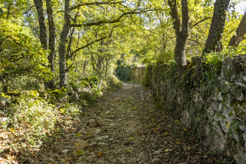 Old stone wall and empty footpath, Bonnieux, Vaucluse, France.