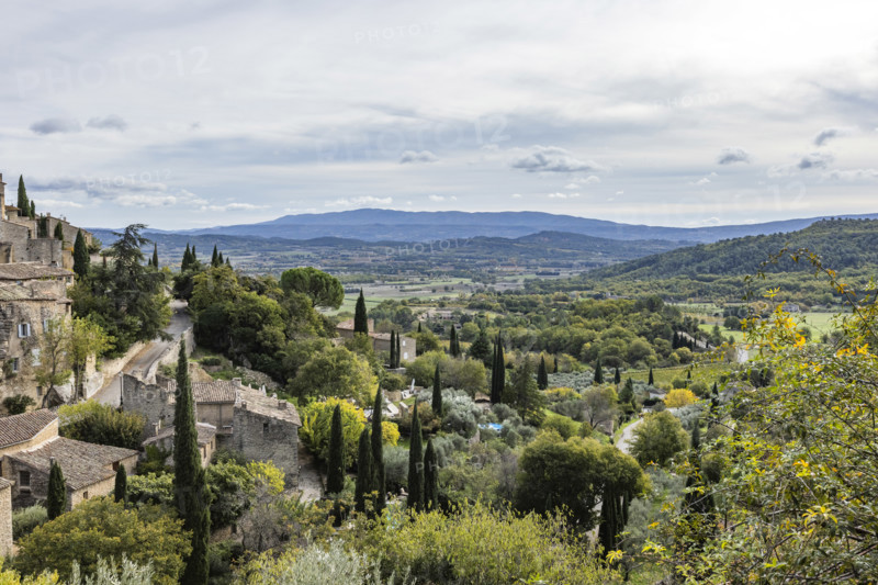Old houses and trees in Luberon Valley, Gordes, Vaucluse, France.