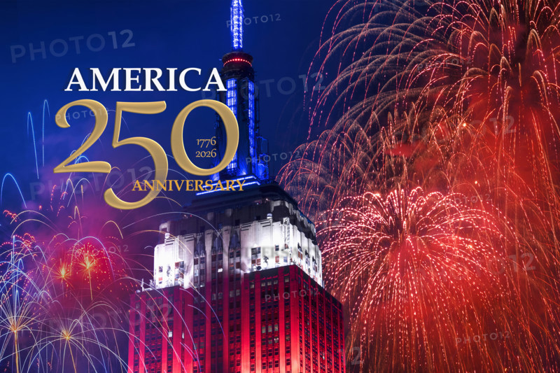 Empire State Building with 250th anniversary fireworks, New York City, New York, USA.