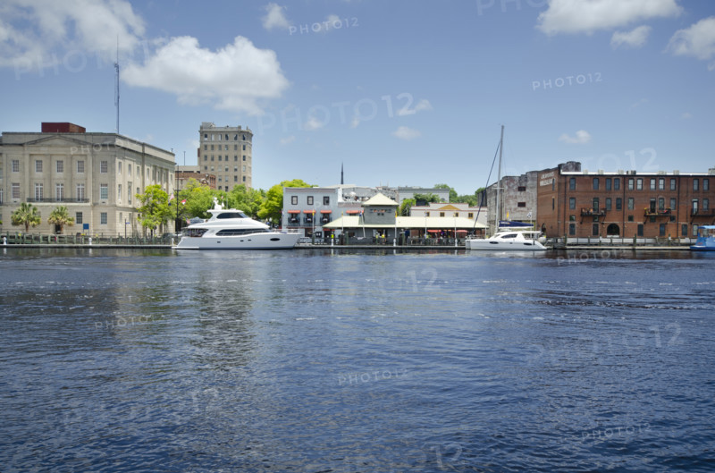 Yacht and waterfront buildings