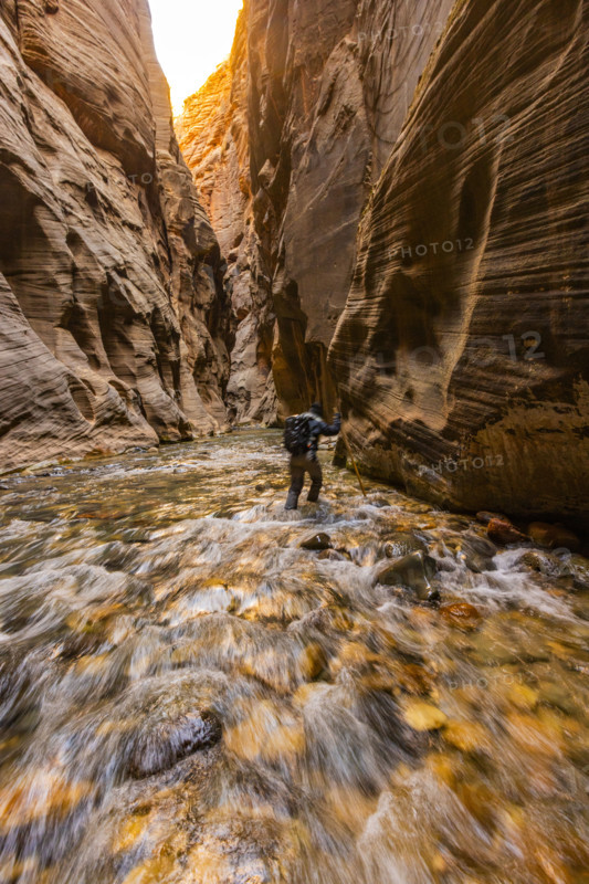 Rear view of woman wading The Narrows of Virgin River