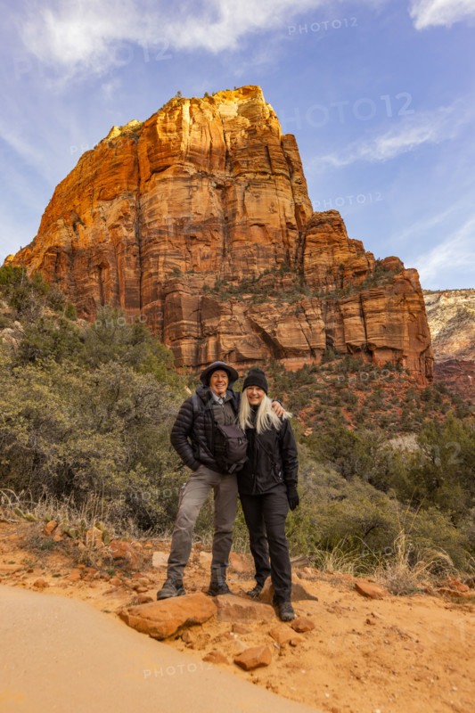 Portrait of senior couple with Angels Landing formation in background