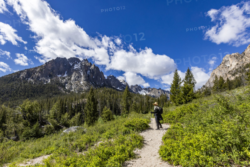 Senior woman hiking in Sawtooth Mountains