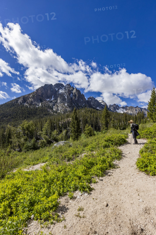 Senior woman hiking in Sawtooth Mountains