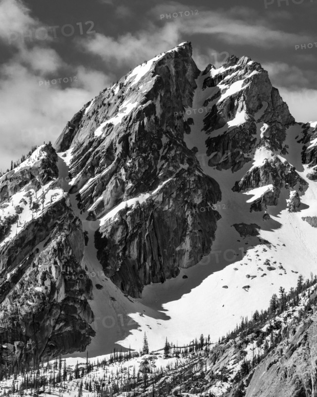 McGowan Peak with snow patches, black and white