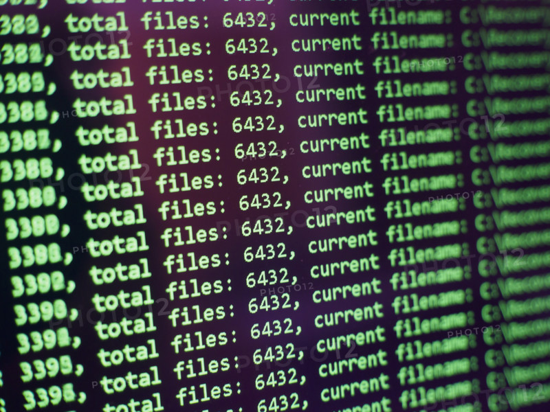 Close-up of data recovery log output on monitor