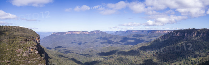 Panoramic view of Jamison Valley with Three Sisters and Mount Solitary