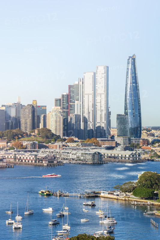 Boats moored in harbor with skyscrapers in background
