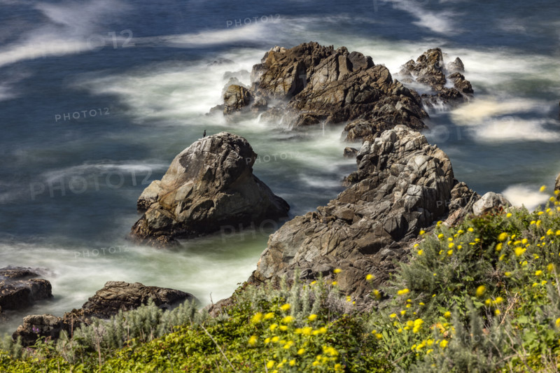 Water swirling around rocks, motion blur