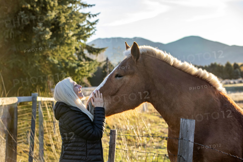 Senior blonde woman petting draft horse