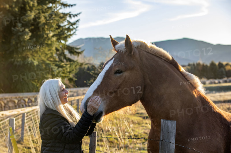 Senior blonde woman petting draft horse