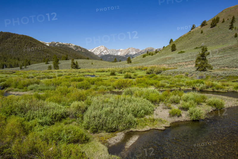Creek flowing through valley with mountains in distance