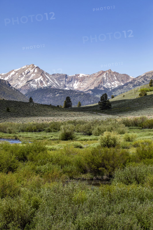 Green valley and mountains with snow