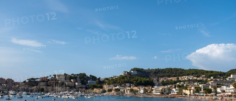 View of boats and buildings at Soller Port. Soller Port, Mallorca, Spain