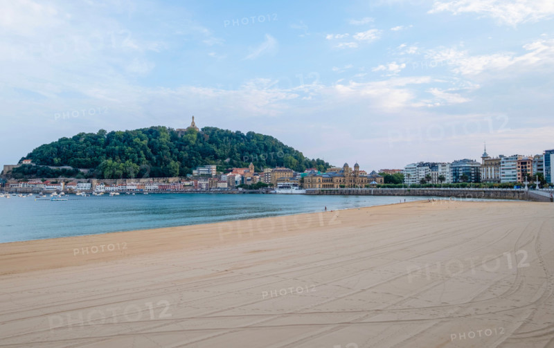 Empty Concha Beach and calm sea. San Sebastian, Gipuzkoa, Spain